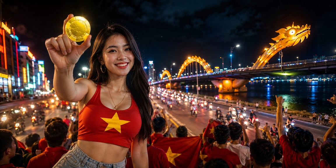 Khung cảnh đêm tại Đà Nẵng với ánh đèn neon, người dùng kiểm tra kết quả giao dịch trực tuyến